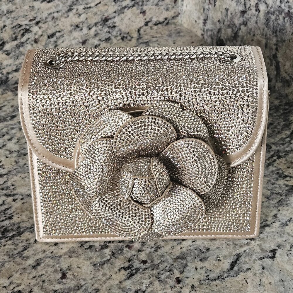 OSCAR DE LA RENTA CHAMPAGNE CRYSTAL FLOWER CROSSBODY BAG HOLIDAY EVENING HANDBAG